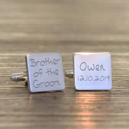 Brother of the Groom, Name & Date Cufflinks - Silver Finish