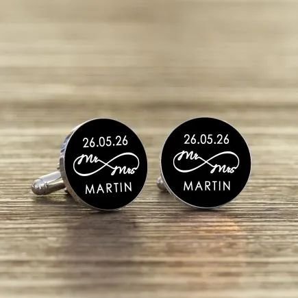 Black/White Mr & Mrs Infinty Cufflinks - Silver Finish