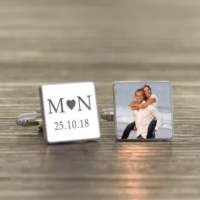 Initials, Date and Photo Upload Cufflinks - Silver Finish