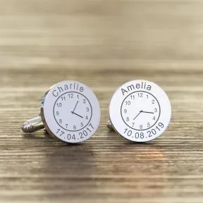 Name Time & Date Cufflinks - Silver Finish