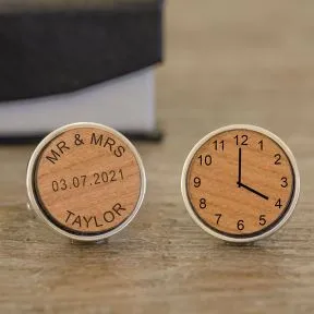 Mr and Mrs Wedding Date and Time Cufflinks - Cherry Wood